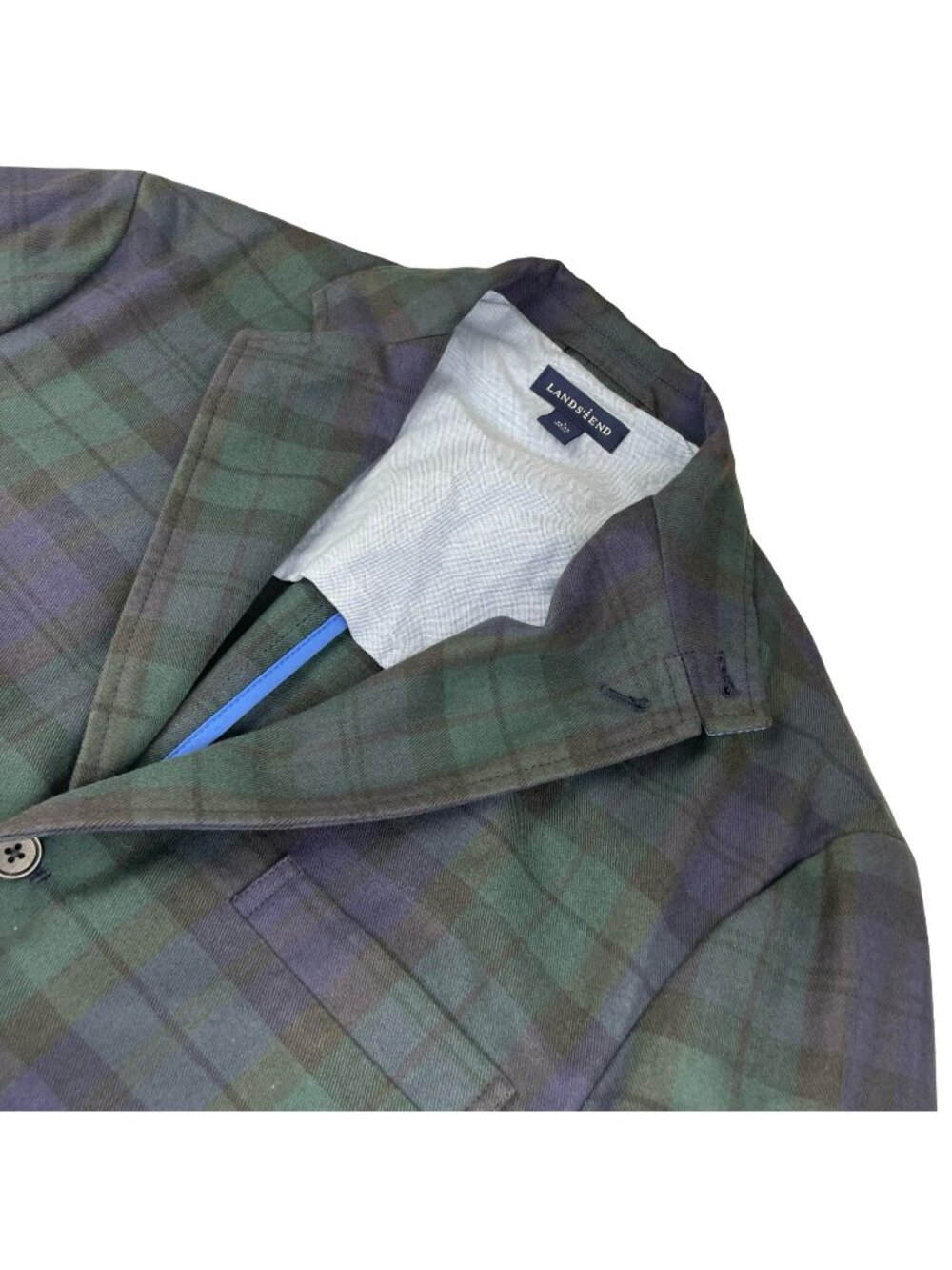 Lands' End Men’s Cotton/Wool 3-Button Blazer Green/Blue Scotch Plaid • Large
